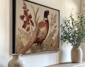Vintage Pheasant Print: Framed Canvas Wall Art, Rustic Farmhouse Decor