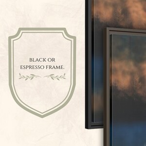 May include: Two framed art prints with black frames. The image on the right has a landscape scene with trees and a sunset. The text on the left says "BLACK OR ESPRESSO FRAME."