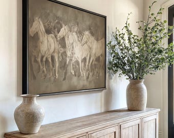 Sepia Horse Framed Canvas Print: Abstract Etching Style, Rustic Western Decor
