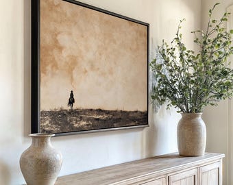 Vintage Cowboy Framed Canvas Wall Art Western Rider Landscape Antique Etching Style Rustic Ranch Decor Neutral Western Artwork