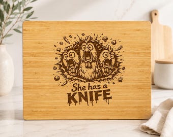 Funny Chicken Cutting Board, She Has a Knife Board, Engraved Chicken Lover Gift, Farmhouse Kitchen Decor, Rubberwood Bamboo Serving Board