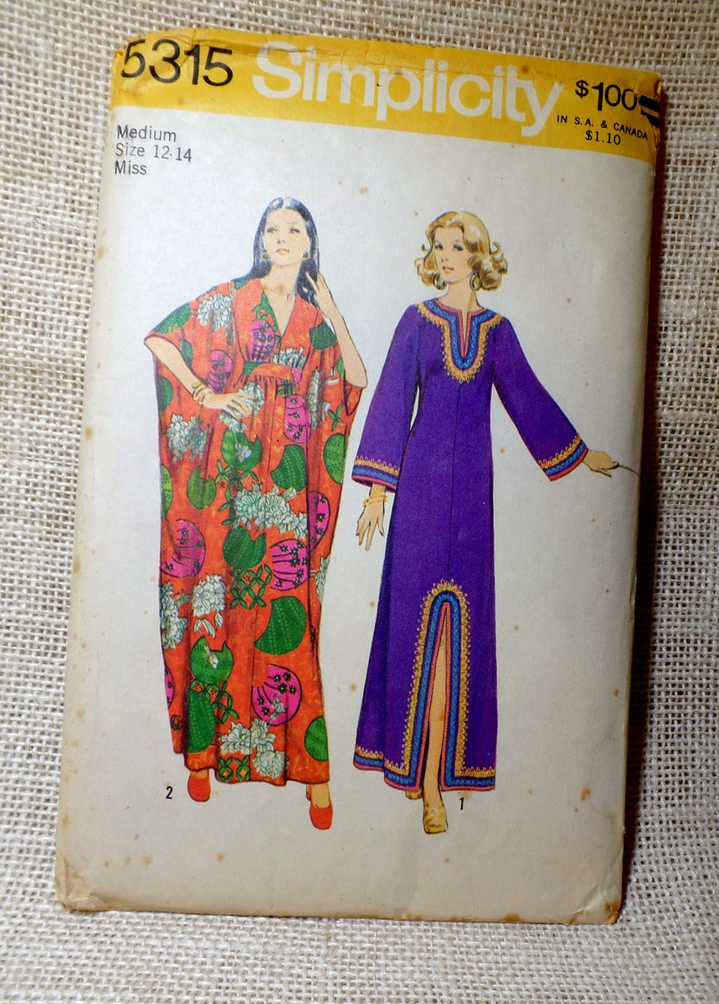 Vintage Simplicity 5315 Pattern Caftan Medium Bust 31.5 32.5 34 36 1960s 1969 HIppie Groovy Festival Boho Woodstock Abaya