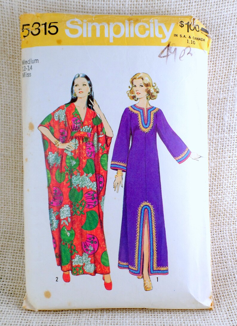 Vintage Simplicity 5315 Pattern Caftan Medium Bust 31.5 32.5 34 36 1960s 1969 HIppie Groovy Festival Boho Woodstock Abaya