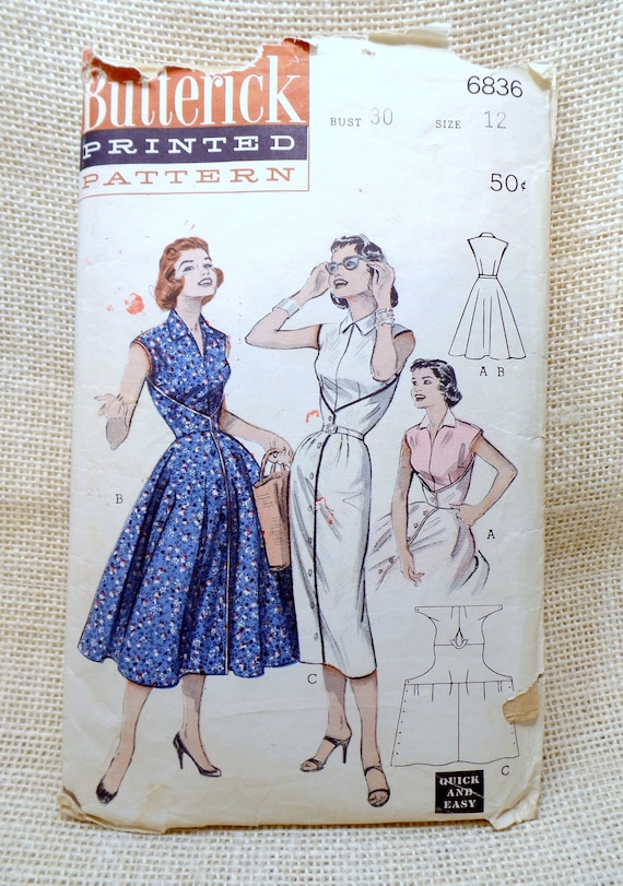 Vintage Butterick Vintage Dress Pattern Sewing Pattern Size 12 50s Wrap Dress Pattern Butterick 6836
