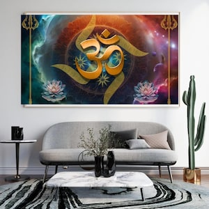 Om Wall Art – Poster spirituale indù con Trishula, loto e svastica / Decorazione sacra indù / Poster incorniciato o digitale