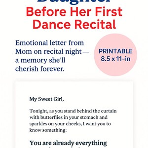 Uma carta para minha filha antes de seu primeiro recital de dança – Imprimível emocionante para mães – Lembrança do dia do recital – Download instantâneo em PDF