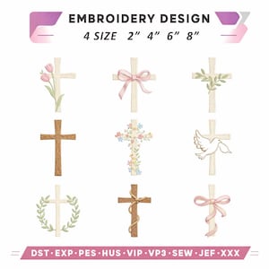 Könnte beinhalten: Grafik für Stickdesign mit neun Kreuzdesigns, jeweils mit einzigartigen Verzierungen. Die Kreuze variieren im Stil, einschließlich Blumen-, Schleifen- und Taubenmotiven. Der Text "EMBROIDERY DESIGN" und die Größen 5 cm, 10 cm, 15 cm und 20 cm sind abgebildet.