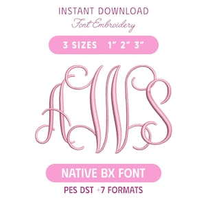 May include: A digital embroidery font design featuring the letters AWS in a light pink, cursive script. The text includes INSTANT DOWNLOAD, Font Embroidery, 3 SIZES 1" 2" 3", NATIVE BX FONT, and PES DST +7 FORMATS in pink and white.