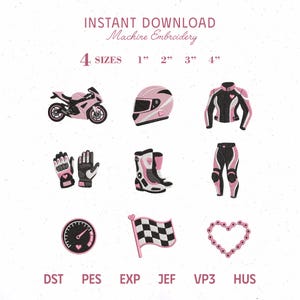 Peut inclure: Un ensemble de motifs de broderie machine numérique avec neuf icônes en rose, noir et blanc : moto, casque, veste, gants, bottes, pantalon, compteur de vitesse, drapeau à damier et chaîne en forme de cœur. Texte : INSTANT DOWNLOAD, 4 SIZES 1" 2" 3" 4", DST, PES, EXP, JEF, VP3, HUS.