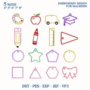 May include: An embroidery design set featuring school-themed and decorative elements. Includes a palette, apple, school bus, graduation cap, pencil, crayon, ruler, and various tag shapes. The text reads "5 SIZES 4" 5" 6" 7" 8"" and "EMBROIDERY DESIGN FOR MACHINES."