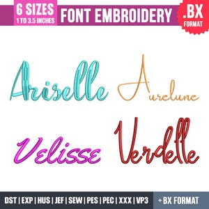 May include: Font embroidery designs in various colors, including teal, gold, magenta, and red. The text includes the names "Ariselle", "Aurelune", "Velisse", and "Verdelle". The design sizes range from 1 to 3.5 inches.
