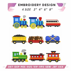 May include: An embroidery design featuring colorful train cars. The design includes a blue train engine with yellow wheels, a red passenger car, and various train cars carrying coal, logs, and a blue tank. The text reads "EMBROIDERY DESIGN 4 SIZE 2" 4" 6" 8""