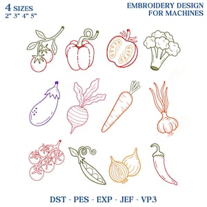 Op de afbeelding: Een borduurontwerp voor machines met lijntekeningen van verschillende groenten, waaronder tomaten, paprika's, broccoli, aubergine, bieten, wortelen, uien en een chilipeper. Het ontwerp is verkrijgbaar in vier maten.