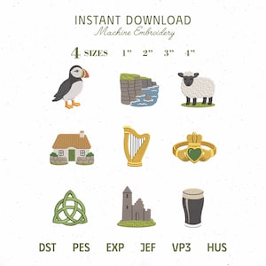 Ierland Borduurpakket, Iconen van Ierse Bezienswaardigheden, Digitale Borduurbestanden voor St. Patrick's Day, PES, DST, Direct te downloaden