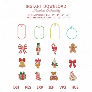 May include: Machine embroidery digital file set featuring four blank gift tag outlines and twelve Christmas icons including a nutcracker, candy cane, gingerbread man, bell, candle, bow, gift, stocking, teddy bear, and ice skates. Text: INSTANT DOWNLOAD.