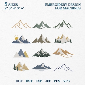 May include: An embroidery design for machines with nine mountain illustrations in different colours and styles. The design is available in five sizes: 5.08cm, 7.62cm, 10.16cm, 12.7cm, and 15.24cm. The text "EMBROIDERY DESIGN FOR MACHINES" is at the top.