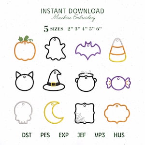 May include: A digital machine embroidery file set featuring twelve Halloween-themed outlines including a pumpkin, ghost, bat, candy corn, cat head, witch hat, cauldron, candy, skull, moon, spider web frame, and scalloped frame in 2" to 6" sizes.
