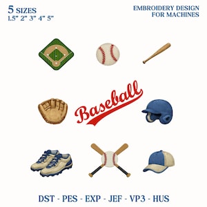 May include: An embroidery design set with baseball motifs. The design includes a baseball field, baseball, bat, glove, helmet, cleats, crossed bats and a baseball cap. The word "Baseball" is in red script. Sizes are 3.8 cm, 5.1 cm, 7.6 cm, 10.2 cm, and 12.7 cm.