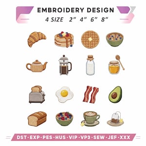 Puede incluir: Un diseño de bordado con elementos de desayuno: croissant, panqueques, gofre, cereales, tetera, prensa francesa, leche, miel, tostadas, huevo frito, tocino y aguacate. Disponible en 4 tamaños: 5 cm, 10 cm, 15 cm y 20 cm.
