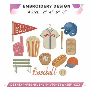 May include: An embroidery design with baseball motifs, including a jersey, bat, glove, ball, ticket, hot dog, cap, popcorn, bench, and a foam finger. A pennant reads "LET'S PLAY BALL!". Sizes are 5 cm, 10 cm, 15 cm, and 20 cm.