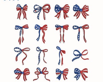 Pacote de Bordados com Laços Patrióticos, Laços para o 4 de Julho dos EUA, Laço de Fita Coquette, Laço com a Bandeira Americana, Arquivos de Bordado à Máquina