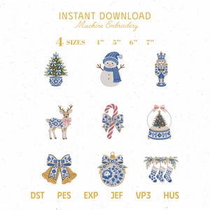 May include: A digital collection of nine Christmas-themed machine embroidery designs including a tree, snowman, nutcracker, deer, candy cane, snow globe, bells, ornament, and stockings. Text reads INSTANT DOWNLOAD Machine Embroidery 4 SIZES 4" 5" 6" 7".
