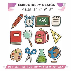 Puede incluir: Diseño de bordado con ilustraciones escolares. Incluye un lápiz, un despertador, una pizarra, un cuaderno, un libro, una lupa, una mochila, una regla, una paleta, unas tijeras, un vaso de precipitados y un globo terráqueo. Disponible en 4 tamaños: 5 cm, 10 cm, 15 cm y 20 cm.