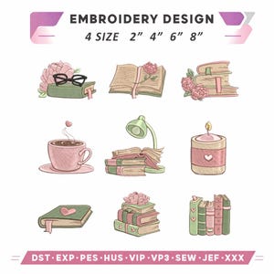 Può includere: Grafica di design per ricamo con nove illustrazioni. Le illustrazioni includono libri, una tazza di caffè, una candela e una lampada da scrivania. Il testo in alto recita "EMBROIDERY DESIGN 4 SIZE 2" 4" 6" 8". Il testo in basso include i formati di file.