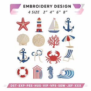 Conjunto de elementos de bordado costero en miniatura, paquete de diseño de bordado costero de verano de Nueva Inglaterra, diseño de cangrejo con concha marina de playa de verano
