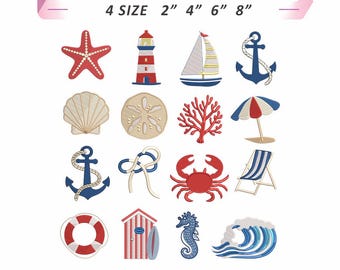 Set Mini Coastal Embroidery Design Elements, Coastal New England Summer Mini Embroidery Design Bundle, Summer Beach Sea Shell Crab Design