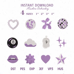 May include: A digital machine embroidery design set featuring twelve purple icons including a heart, moon, balloon dog, disco ball, eight ball, cloud, clock, stars, lips, bow, heart, and star. Text reads INSTANT DOWNLOAD, 4 SIZES 1" 2" 3" 4", DST, PES, EXP, JEF, VP3, HUS.