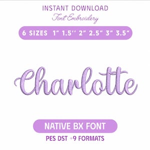 May include: A digital embroidery file featuring the name Charlotte in a purple cursive script. The text includes the labels INSTANT DOWNLOAD, Font Embroidery, 6 SIZES 1" 1.5" 2" 2.5" 3" 3.5", NATIVE BX FONT, and PES DST +9 FORMATS on a white background.