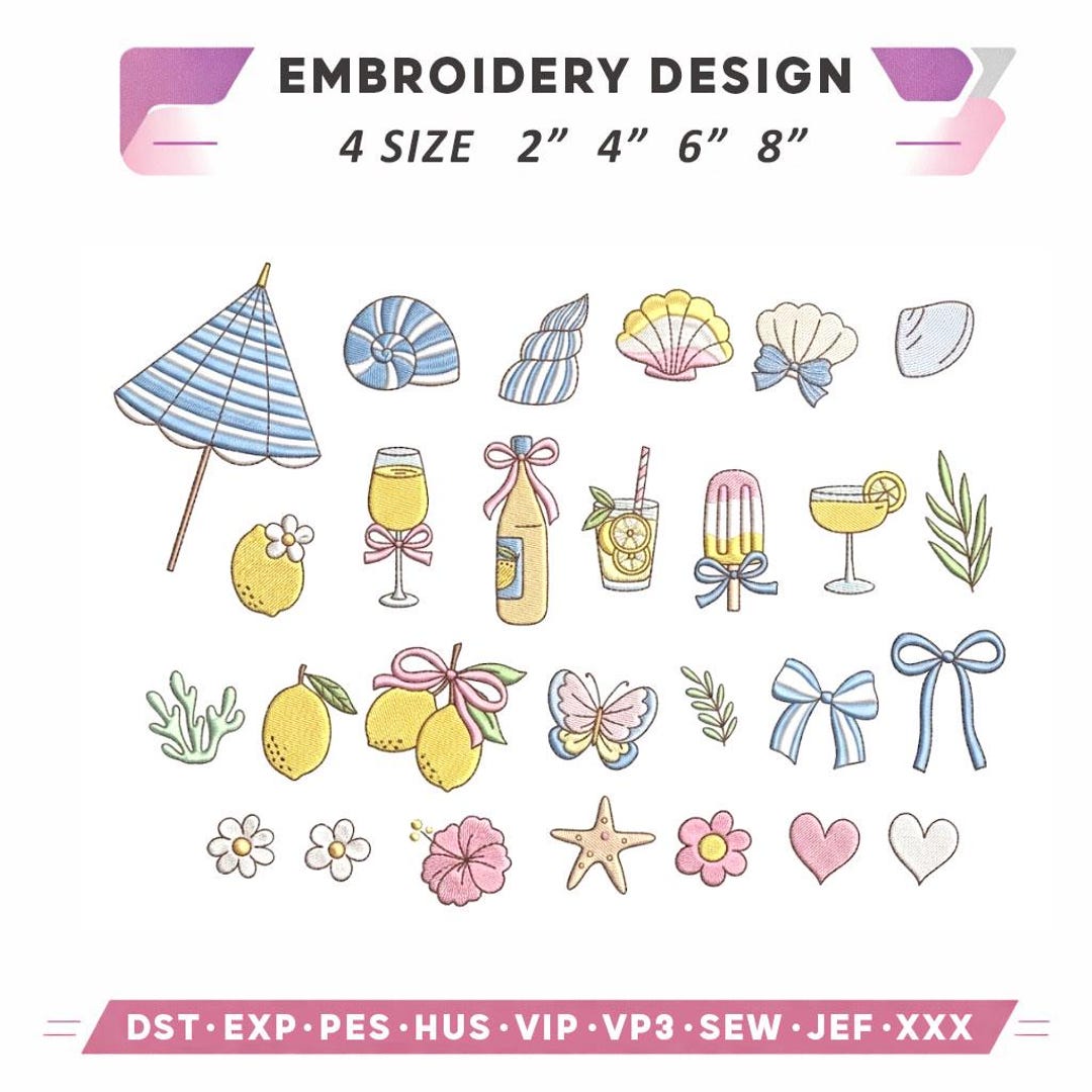 Cute Summer Embroidery Design Bundle, Coastal Beach Icons Set Shell ...