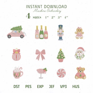 May include: A digital collection of twelve Christmas-themed machine embroidery designs featuring a pink car with a tree, champagne bottles, a nutcracker, gingerbread person, ornament, bow, tree, Santa, cocoa, glass, candy, and bear in 1, 2, 3, 4 inch sizes.