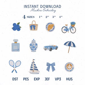 May include: A digital collection of machine embroidery designs featuring blue and white motifs including blueberries, a basket, a croissant, a bicycle, a perfume bottle, a ginger jar, a car, an umbrella, tennis rackets, a sailboat, a bow, and coffee.