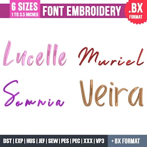 Puede incluir: Imagen de fuentes de bordado con los nombres Lucelle, Muriel, Somnia y Veira en varios colores. El texto indica que las fuentes están disponibles en 6 tamaños, que van de 2,5 a 8,9 cm.