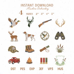 May include: A digital collection of machine embroidery designs featuring hunting-themed icons including a flying duck, deer head, shotgun, antlers, standing deer, hunting dog, duck in crosshairs, binoculars, camo cap, boots, duck call, reeds, truck, campfire, shells, and a crest.