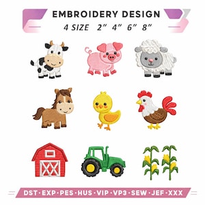 Conjunto de mini diseños de bordado de granja: tractor, camión, granero, vaca, cerdo, pollito, perro, tallo de maíz, oveja, archivos de bordado a máquina con temática de granja para niños.