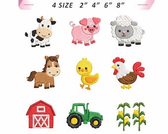 Set Farm Mini Embroidery Design, Tractor, Truck, Barn, Cow, Pig, Chick, Dog, Cornstalk, Sheep, Boys Farm Theme Machine Embroidery Files