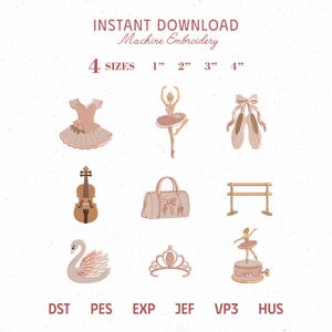 Puede incluir: Un conjunto de diseños de bordado a máquina con nueve iconos de temática de ballet en tonos rosa y marrón, incluyendo un tutú, una bailarina, zapatillas de ballet, un violín, un bolso, una barra de ballet, un cisne, una tiara y una caja de música.