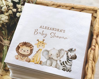 Custom Safari Baby Shower Napkins, Watercolor Jungle Animal Cocktail Napkin, Neutral Zoo Theme Party Decor, Personalized