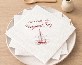 Personalized Sailboat Engagement Napkins, Custom Nautical Wedding Cocktail Napkin, Coastal Rehearsal Dinner Decor, Boat Party Favor