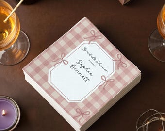 Pink Gingham Bow Napkins, Custom Coquette Bridal Shower Cocktail Napkin, Personalized Baby Shower Decor, Preppy Party Favor