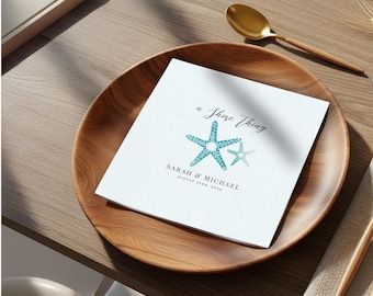 A Shore Thing Custom Wedding Napkins, Teal Starfish Cocktail Napkin, Beach Bridal Shower Decor, Coastal Destination Party