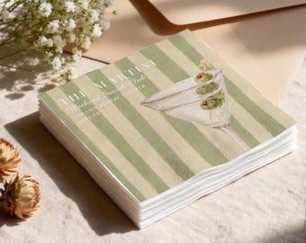 Martini Social Club Napkins, Custom Green Striped Cocktail Napkin, Dirty Martini Bridal Shower Decor, Personalized Bar Favors