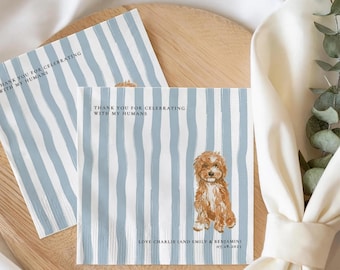 Custom Dog Wedding Napkins, Celebrating With My Humans, Blue Striped Pet Cocktail Napkin, Signature Drink Bar Decor