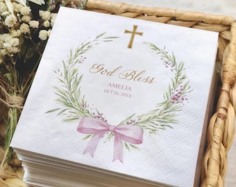 Custom Baptism Napkins Personalized God Bless Design, Christening Party Decor, Baby Shower Religious Napkins, First Communion Favor
