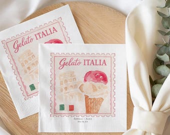 Custom Gelato Italia Stamp Napkins, Italian Summer Destination Wedding Cocktail Napkin, La Dolce Vita Travel Party Decor, Rome Favors