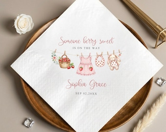 Berry Sweet Baby Shower Napkins, Custom Strawberry Baby Girl Cocktail Napkin, Pink Clothesline Decor