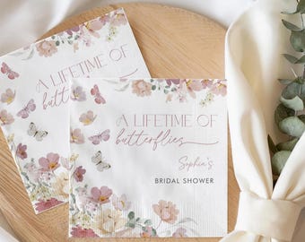 Custom Butterfly Bridal Shower Napkins, A Lifetime of Butterflies Cocktail Napkin, Blush Floral Wedding Decor, Garden Party